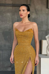 P1110 - Strapless V-Neck Glitter Side Slit Sleeveless Prom Party Formal Dress