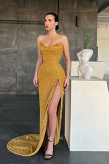 P1110 - Strapless V-Neck Glitter Side Slit Sleeveless Prom Party Formal Dress