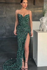 P1111 - Spaghetti Straps V-Neck Beads High Split Sequined Prom Party Dress