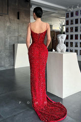 P1111 - Spaghetti Straps V-Neck Beads High Split Sequined Prom Party Dress