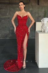 P1111 - Spaghetti Straps V-Neck Beads High Split Sequined Prom Party Dress