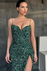 P1111 - Spaghetti Straps V-Neck Beads High Split Sequined Prom Party Dress