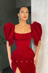P1114 - Scoop Puff Sleeves High Split Pleats Satin Long Prom Party Dress