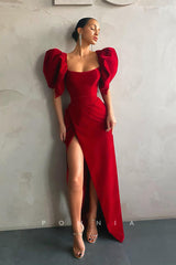 P1114 - Scoop Puff Sleeves High Split Pleats Satin Long Prom Party Dress
