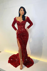 P1118 - Sparkly V-Neck Full Sequins Long Sleeves Long Party Prom Dress with Slit