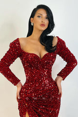 P1118 - Sparkly V-Neck Full Sequins Long Sleeves Long Party Prom Dress with Slit