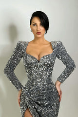 P1118 - Sparkly V-Neck Full Sequins Long Sleeves Long Party Prom Dress with Slit