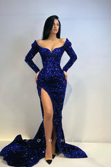 P1118 - Sparkly V-Neck Full Sequins Long Sleeves Long Party Prom Dress with Slit