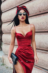 P1121 - Timeless Spaghetti Straps V-Neck High Slit Pleats Party Prom Dress