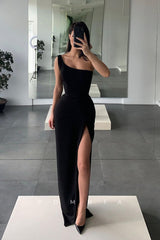 P1123 - Sheath One Shoulder Sleeveless Side Slit Satin Long Prom Formal Dress