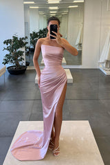 P1124 - Off-Shoulder High Slit  Pleats Sleevevless Satin Formal Party Prom Dress