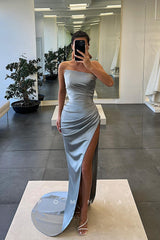 P1124 - Off-Shoulder High Slit  Pleats Sleevevless Satin Formal Party Prom Dress