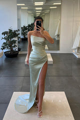 P1124 - Off-Shoulder High Slit  Pleats Sleevevless Satin Formal Party Prom Dress