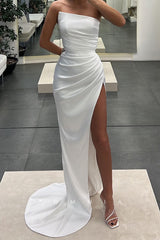 P1124 - Off-Shoulder High Slit  Pleats Sleevevless Satin Formal Party Prom Dress