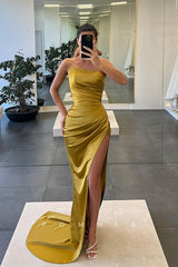 P1124 - Off-Shoulder High Slit  Pleats Sleevevless Satin Formal Party Prom Dress