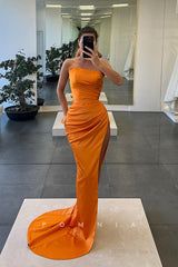 P1124 - Off-Shoulder High Slit  Pleats Sleevevless Satin Formal Party Prom Dress
