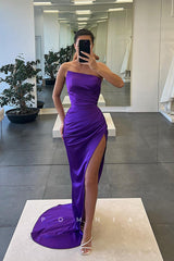 P1124 - Off-Shoulder High Slit  Pleats Sleevevless Satin Formal Party Prom Dress