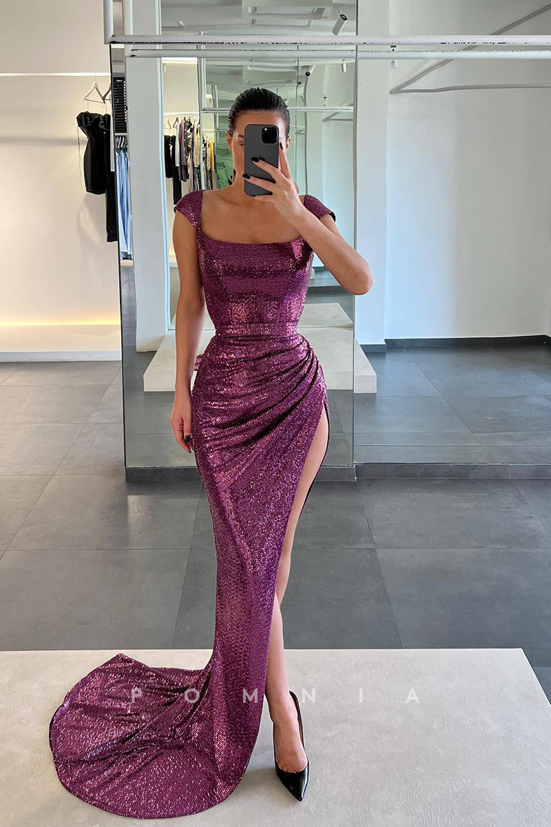 P1125 - Sheath/Column Straps Full Sequins Prom Party Formal Dress with Slit