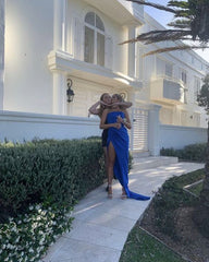 Elegant Sheath Strapless Royal Blue Slit Prom Dresses Formal Dress P1126