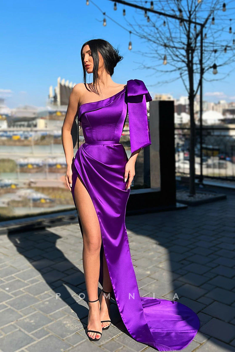 P1127 - One Shoulder Pleats Side Slit Bow-Knots Satin Party Prom Formal Dress