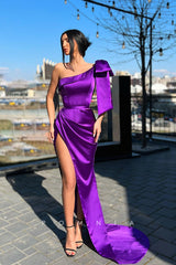 P1127 - One Shoulder Pleats Side Slit Bow-Knots Satin Party Prom Formal Dress