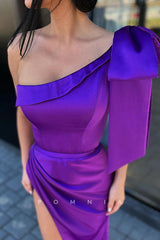 P1127 - One Shoulder Pleats Side Slit Bow-Knots Satin Party Prom Formal Dress