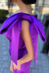 P1127 - One Shoulder Pleats Side Slit Bow-Knots Satin Party Prom Formal Dress