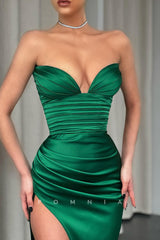 P1129 - Strapless V-Neck Pleats Side Slit Long Satin Party Prom Dress