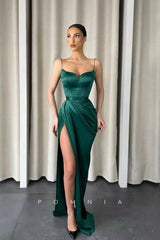 P1130 - Spaghetti Straps V-Neck High Slit Pleats Satin Prom Party Dress