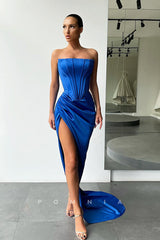 P1131 - Off-Shoulder Pleats Side Slit Sleeveless Satin Formal Party Prom Dress