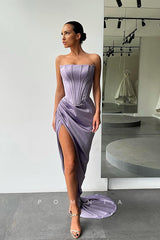 P1131 - Off-Shoulder Pleats Side Slit Sleeveless Satin Formal Party Prom Dress