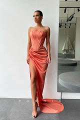 P1131 - Off-Shoulder Pleats Side Slit Sleeveless Satin Formal Party Prom Dress