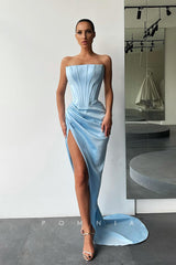 P1131 - Off-Shoulder Pleats Side Slit Sleeveless Satin Formal Party Prom Dress