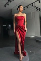 P1131 - Off-Shoulder Pleats Side Slit Sleeveless Satin Formal Party Prom Dress