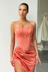 P1131 - Off-Shoulder Pleats Side Slit Sleeveless Satin Formal Party Prom Dress