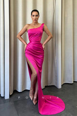 P1135 - One Shoulder Pleats Side Slit Sleeveless Party Prom Long Dress