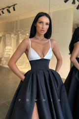 P1136 - A-Line Spaghetti Straps V-Neck Pleated Prom Party Dress with Pockets