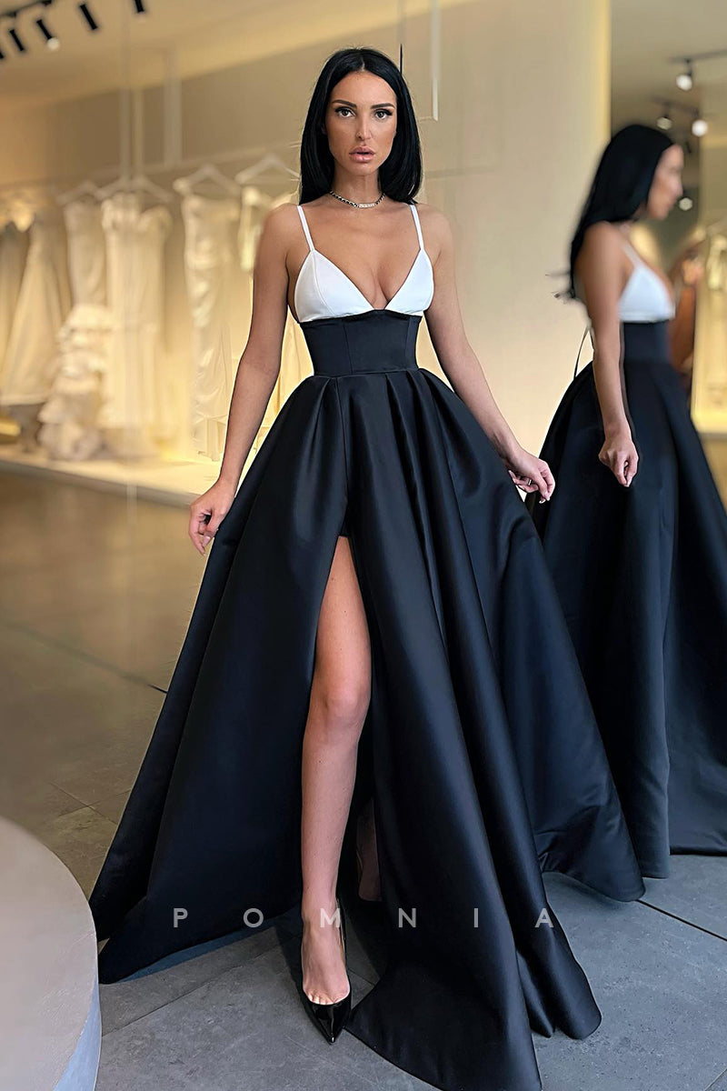 P1136 - A-Line Spaghetti Straps V-Neck Pleated Prom Party Dress with Pockets