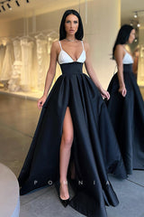 P1136 - A-Line Spaghetti Straps V-Neck Pleated Prom Party Dress with Pockets
