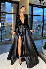 P1137 - A-Line Long Sleeves Top Sequins Slit Prom Formal Dress with Pockets