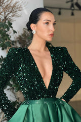 P1137 - A-Line Long Sleeves Top Sequins Slit Prom Formal Dress with Pockets