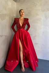 P1137 - A-Line Long Sleeves Top Sequins Slit Prom Formal Dress with Pockets