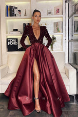 P1137 - A-Line Long Sleeves Top Sequins Slit Prom Formal Dress with Pockets