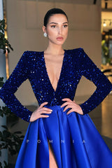 P1137 - A-Line Long Sleeves Top Sequins Slit Prom Formal Dress with Pockets