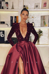 P1137 - A-Line Long Sleeves Top Sequins Slit Prom Formal Dress with Pockets