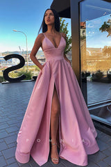 P1138 - Classic A-Line Straps V-Neck Satin Slit Praty Formal Prom Dress with Pockets