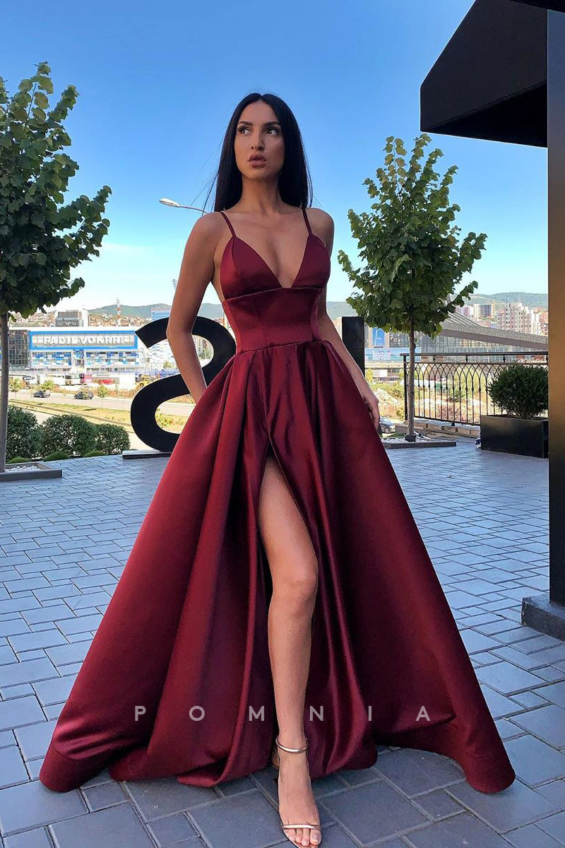 P1138 - Classic A-Line Straps V-Neck Satin Slit Praty Formal Prom Dress with Pockets