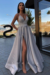P1138 - Classic A-Line Straps V-Neck Satin Slit Praty Formal Prom Dress with Pockets
