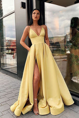 P1138 - Classic A-Line Straps V-Neck Satin Slit Praty Formal Prom Dress with Pockets
