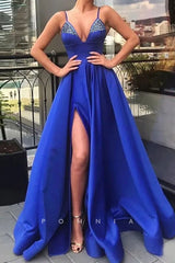 P1140 - Spaghetti Straps Top Beads V-Neck Slit Prom Party Dress with Pockets